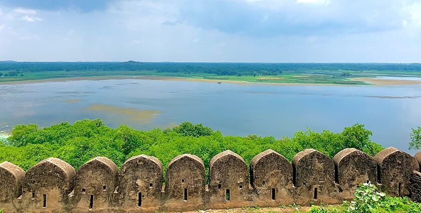 A picturesque view of a wide and shallow Mansarovar Lake as seen from a nearby fort.