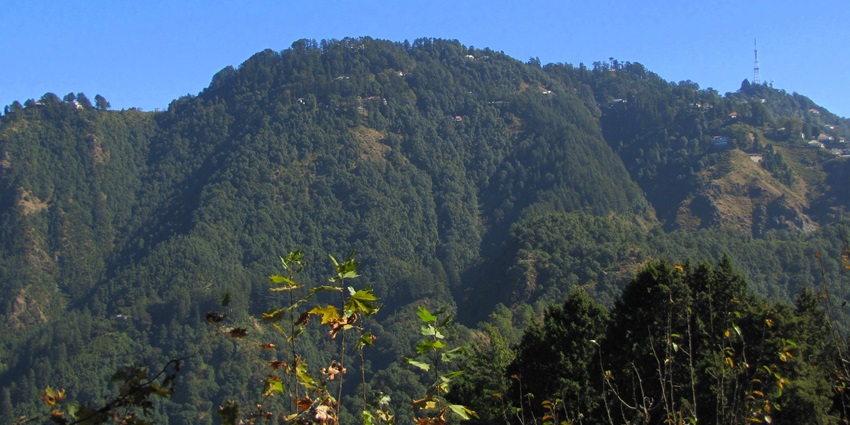 Scenic view from Lal Tibba with green hills, misty valleys, and a clear blue sky
