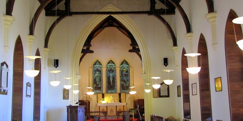Beautifully lit Interiors of St. Paul Church, a holy site in Landour near Mussoorie.