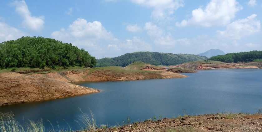 A picture of the largest artificial lake in India, showing the vast landscape and surrounding hills.