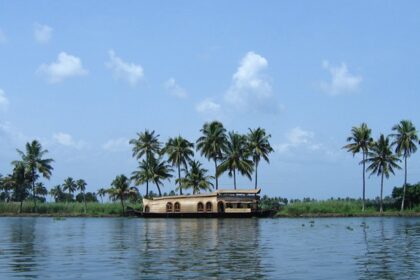 Houseboats floating on Vembanad Lake, the largest lake in India, surrounded by coconut trees