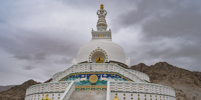 Beautiful image of the iconic Shanti Stupa in Leh during the festive season