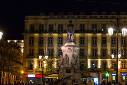 Image of aesthetic view of Lisbon’s nightlife - people strolling around at night