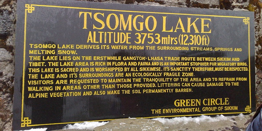 A sign board at Changu Lake showing its staggering altitude of 3753 metres / 12,313 feet