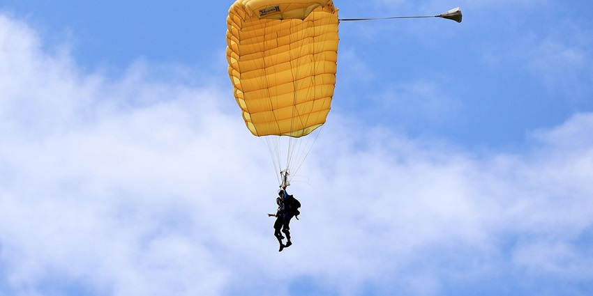 An image showing a tandem jump with a parachute, similar to indoor skydiving in India.