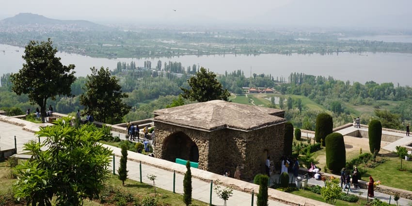 An aerial view of Dal lake in January from Pari mahal with Distant green shores.