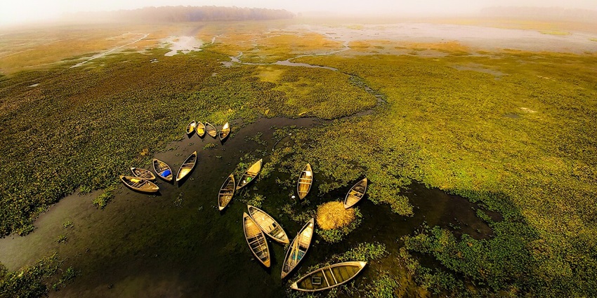 Kanwar Lake from above with the waterbody with multiple boats surrounded by greenery