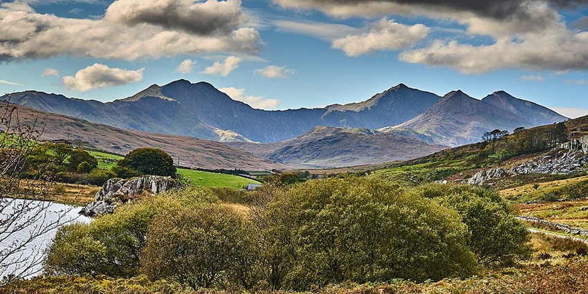 Snowdonia National Park in northwest Wales features mountains, lakes, and forests.