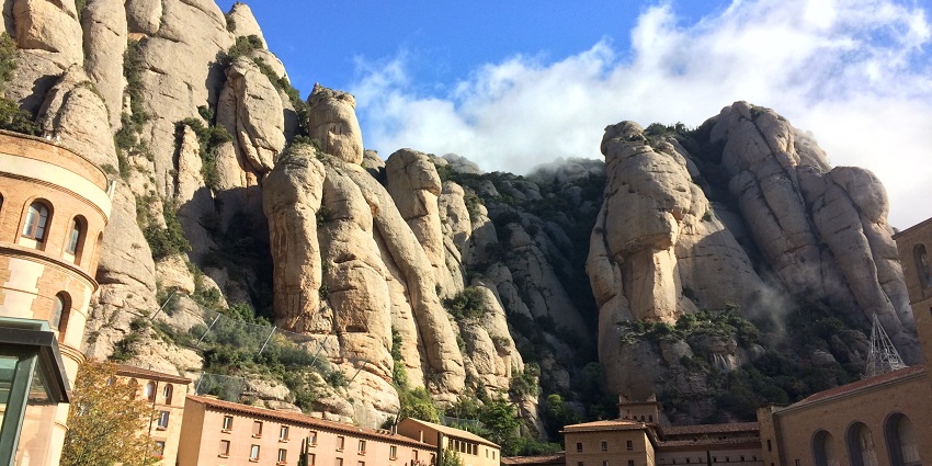 The beautiful view of Monastery, Montserrat with huge rocky mountains
