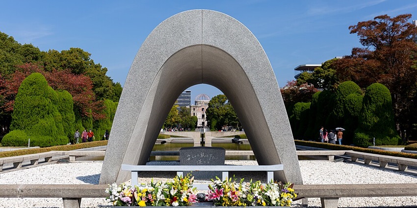View of the Memorial Cenotaph at the Hiroshima Peace Memorial Museum honoring victims.
