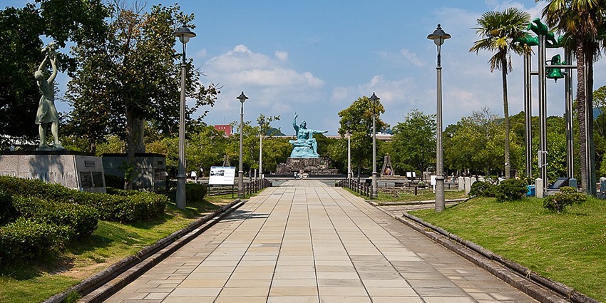 A serene view of the Nagasaki Peace Statue at Nagasaki Atomic Bomb Museum, Japan.