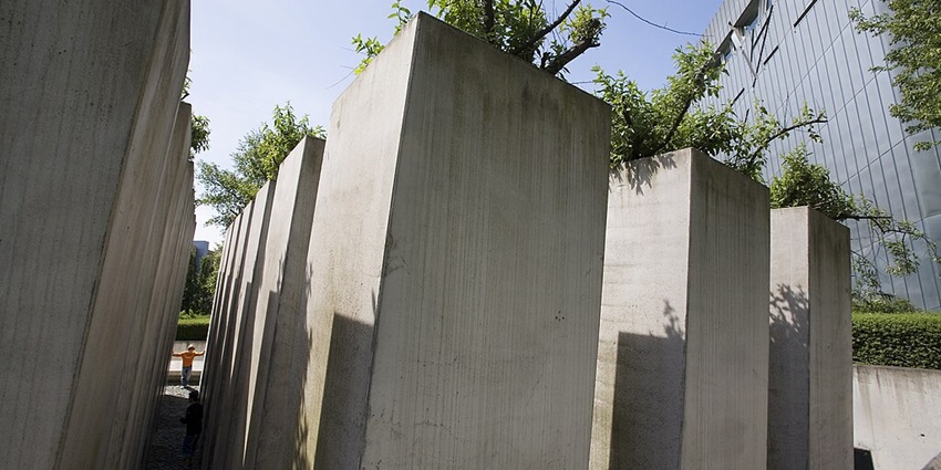 An image showing the iconic zinc-clad façade of the Jewish Museum, a landmark in Berlin.