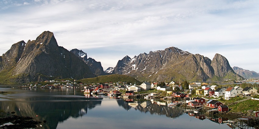 An image showing the stunning Lofoten Islands, capturing Norway's rugged coastal beauty