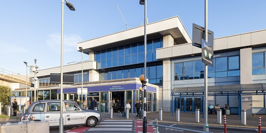 An image of the London City Airport, a famous airport , located near the Thames.