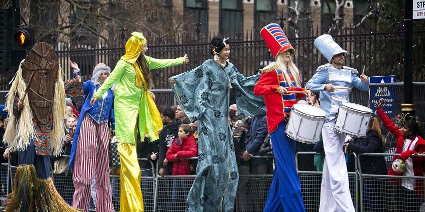 An Image of the Marching band in uniforms, walking through central London during the New Year’s Day Parade