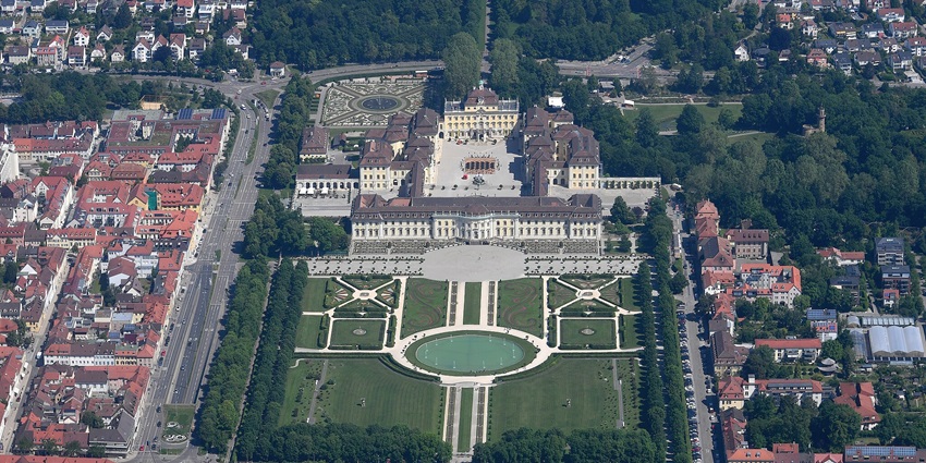 An image showing an aerial view of the grand Ludwigsburg Palace in Germany.