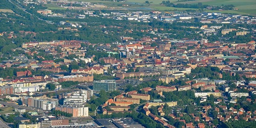 An image showing an aerial view of Lund, highlighting its historic buildings and green spaces