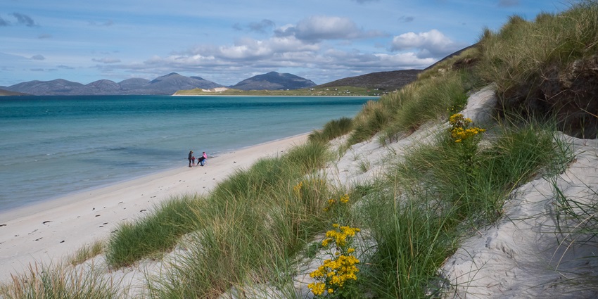 Luskentyre Beach, nestled on the Isle of Harris in Scotland, is renowned for its beauty.