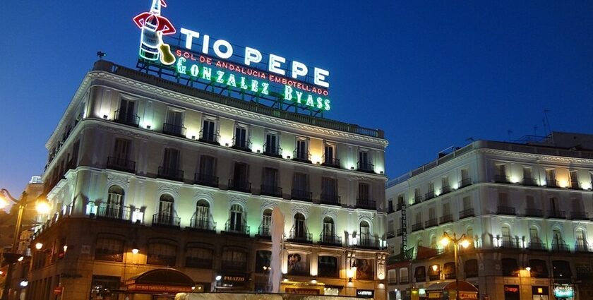 Puerta del Sol in Madrid, Spain, showcasing the lively Madrid Nightlife scene.