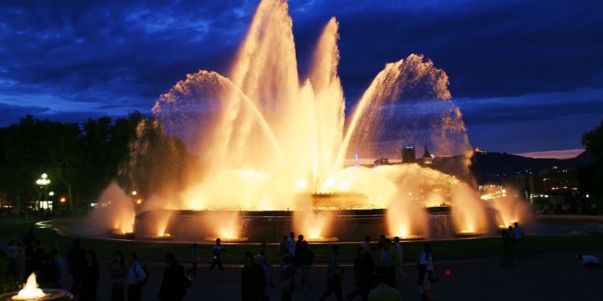 Tourists enjoying at the Magic Fountain Of Montjuic on Valentine’s Day in Barcelona.