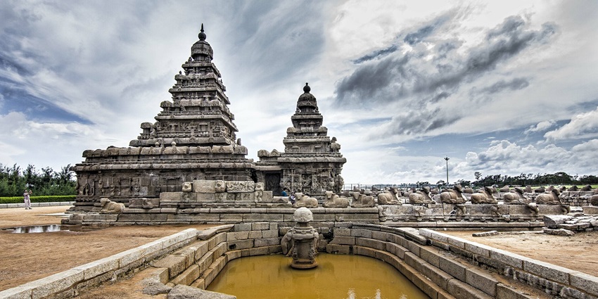 An image showing the Seashore Temple at Mahabalipuram, with its historic stone structure