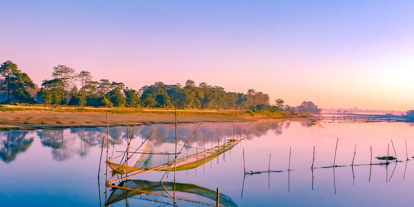 A view of Majuli during sunset , the largest river island, a place to visit in East India