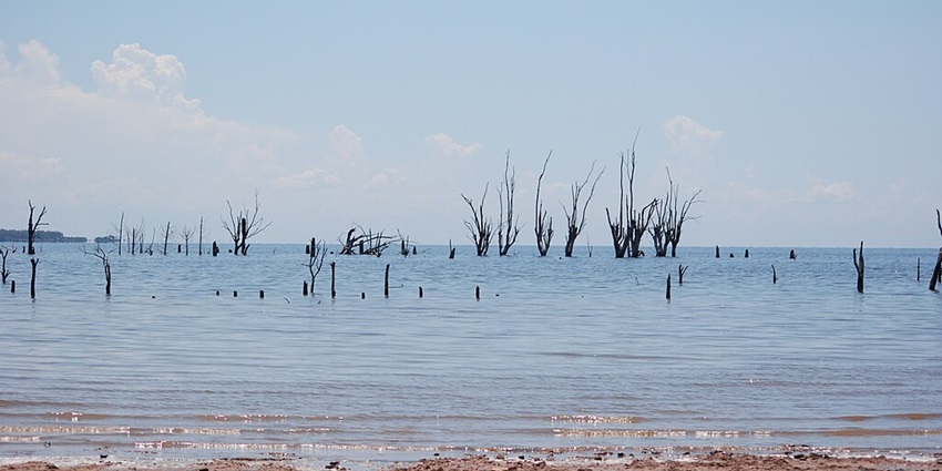 An image of the expansive view of a lake, with a nearby town nestled at the foot of the mountains.