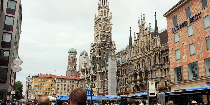 An image showing the historic Marienplatz, a central shopping area in Munich, Germany.