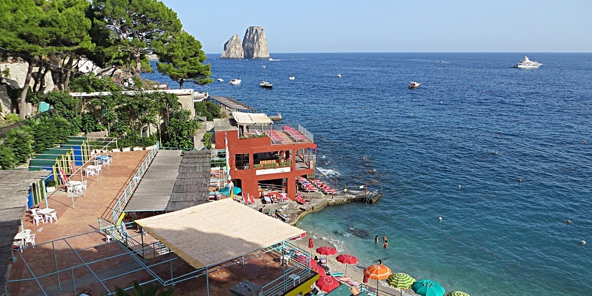 A view of the famous Paul and Shark Pier at Marina Piccola Beach Near Naples