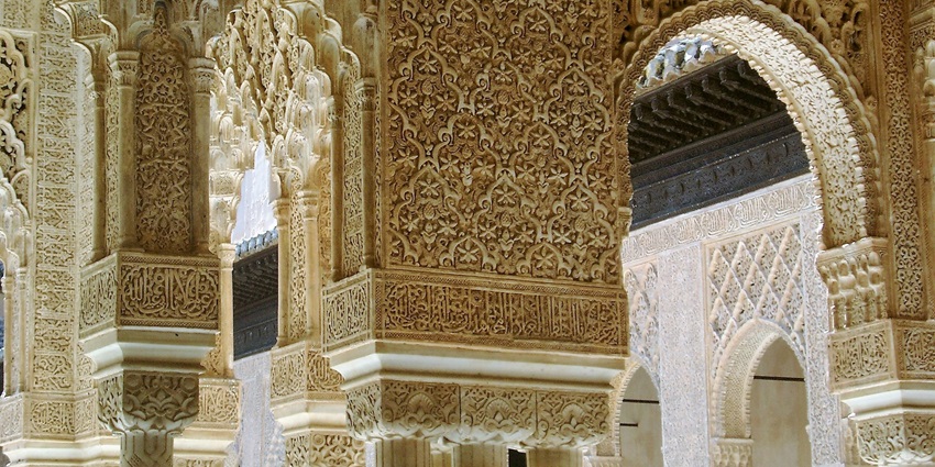 Inside the holy Markazi Mosque, London, with stunning chandeliers and beautifully detailed walls