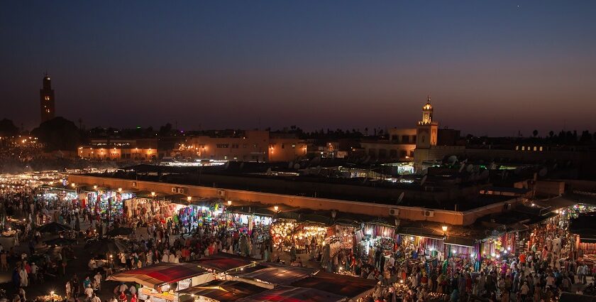 Aerial view of Marrakech nightlife, a blend of tradition and new age entertainment.