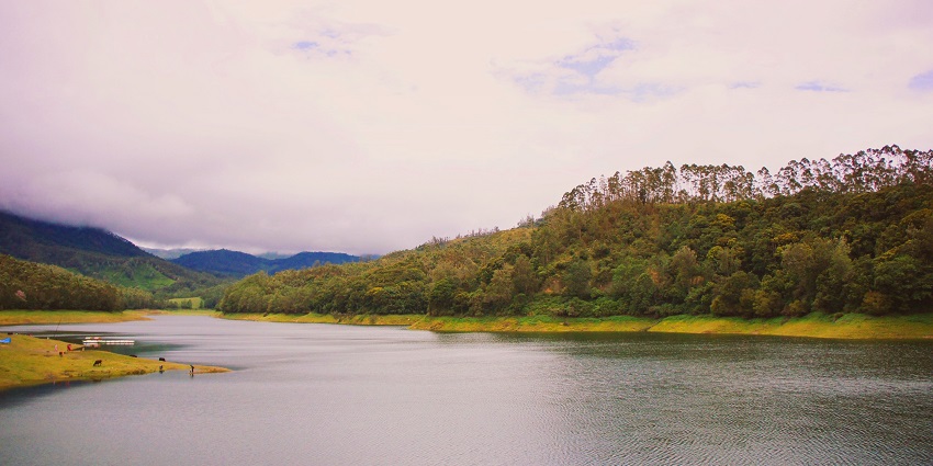 A scenic view of the Mattupetty Dam reservoir near Munnar in Kerala on a cloudy day.