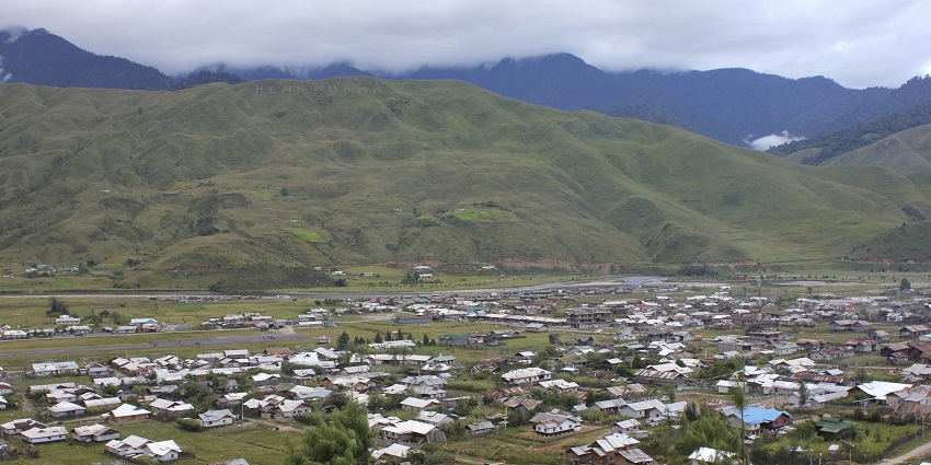 An image showing Mechuka village featuring traditional houses and the surrounding landscape.