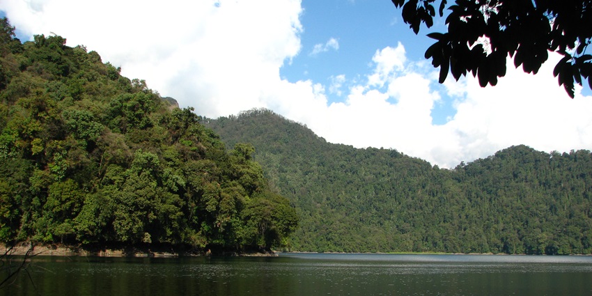 The crystal clear water of Mehao Lake is surrounded by dense greenery and clear sky.