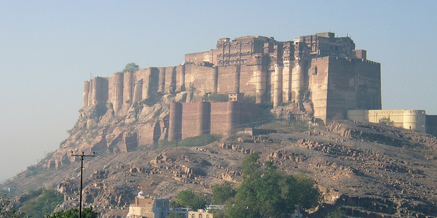 An image of Mehrangarh Fort in Jodhpur, India, showing its massive walls and strategic hilltop location.