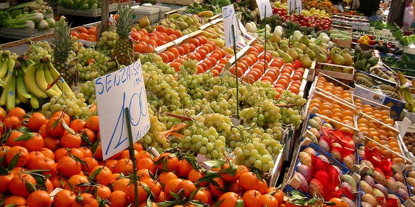 A view of a variety of fruits sold at the market, a place for shopping in Milan, Italy.