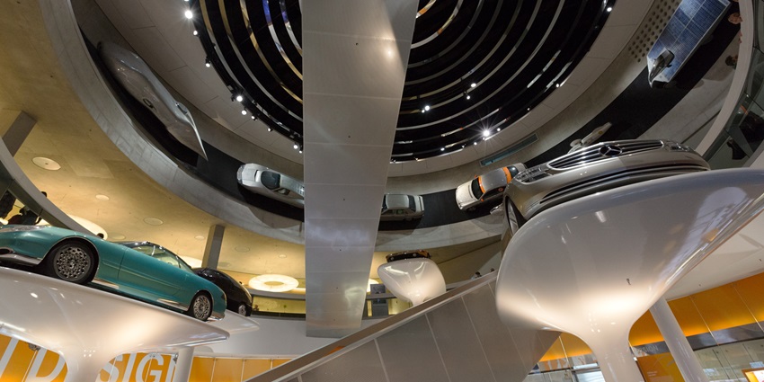 An image showing the interior of the Mercedes-Benz Museum, a tourist attraction near Porsche Museum
