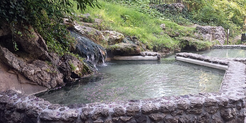 tranquil outdoor Kyoto hot springs at Mibu Onsen Hana no Yu, surrounded by vibrant greenery
