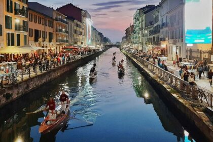 An overview of Navigli, Milan, Metropolitan City of Milan, Italy view at night