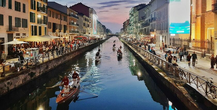 An overview of Navigli, Milan, Metropolitan City of Milan, Italy view at night