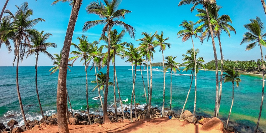 Tourists walk along Mirissa Beach, a place to visit as mentioned in the Sir Lanka travel guide.
