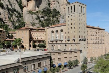 View of Abbey Montserrat Monastery with beautiful architecture and mountains