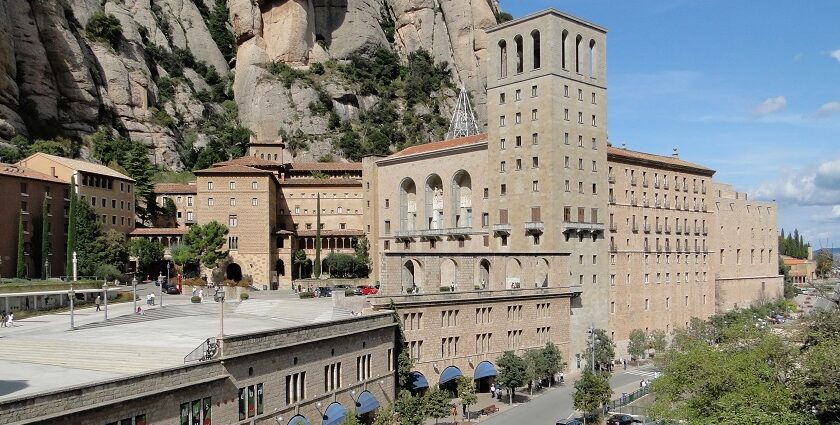 View of Abbey Montserrat Monastery with beautiful architecture and mountains