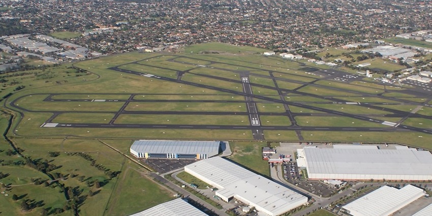 Aerial overview of tracks and terminals of the Moorabbin Airport, an airport in Melbourne