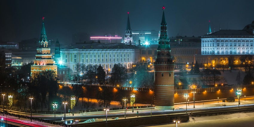 Image of Red Square in city lights, the best place to celebrate Valentine’s Day in Russia.