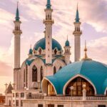 Historic mosques in Russia showcase Islamic architecture with domes, minarets, and mosaics.