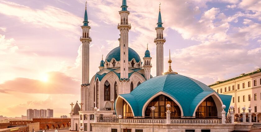 Historic mosques in Russia showcase Islamic architecture with domes, minarets, and mosaics.