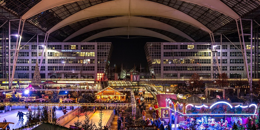 An image of the Munich Airport centre, a famous airport in Germany with access to several amenities.