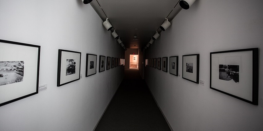 Bold canvases in the hallway at the Modern Art Museum in Lisbon