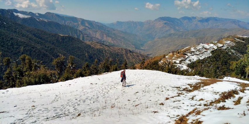 A tourist in the frame during the trek of Nag Tibba.